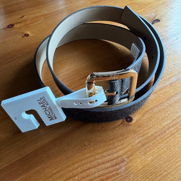 NWT MICHAEL KORS MK Brown/Tan Logo Belt with Goldtone Buckle Style 556267C in XL - Picture 1 of 11
